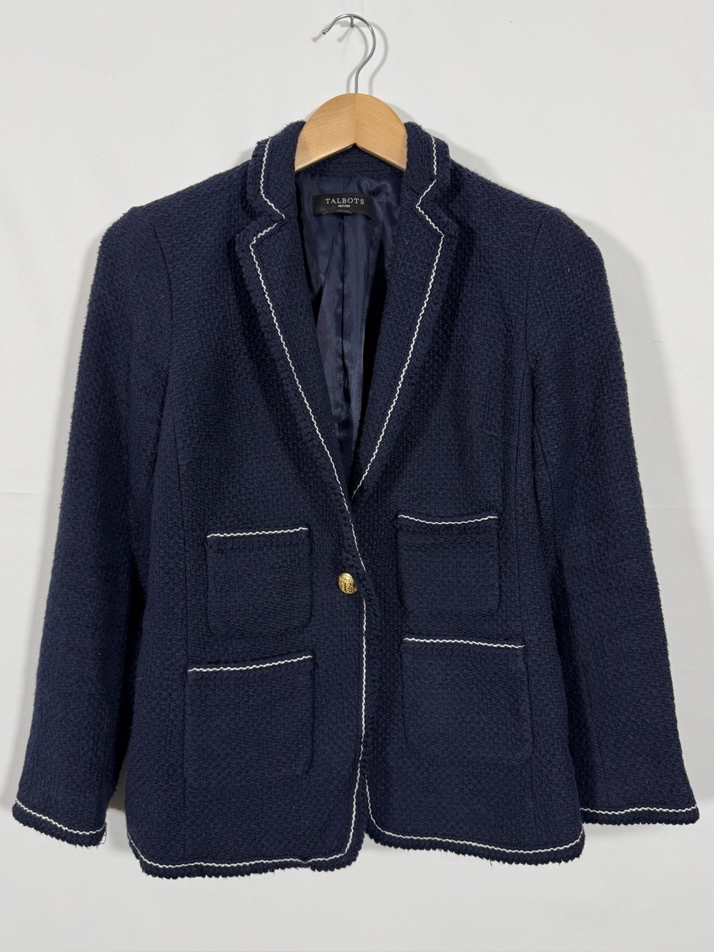 {Talbots} Petite Navy Blue White Trim Tweed Sailor Tailored Fit Blazer WBZ1